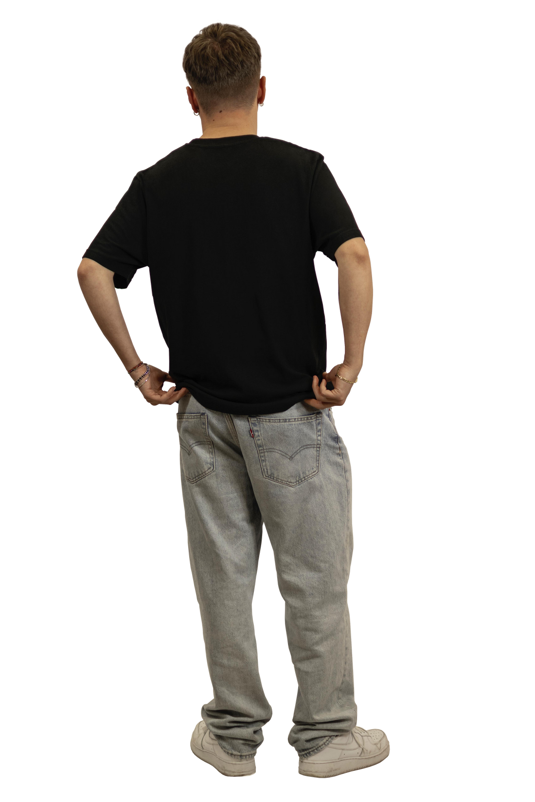 T-shirt nera unisex con stampa LED-style di pin-up su sfondo scuro vista dal retro.