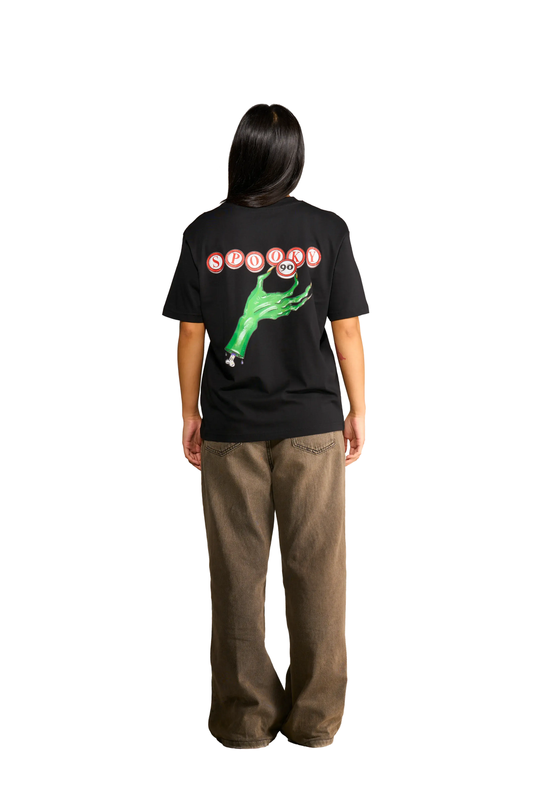 T-shirt nera Spooky Factory con grafica tombola horror vista dal retro