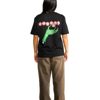 T-shirt nera Spooky Factory con grafica tombola horror vista dal retro